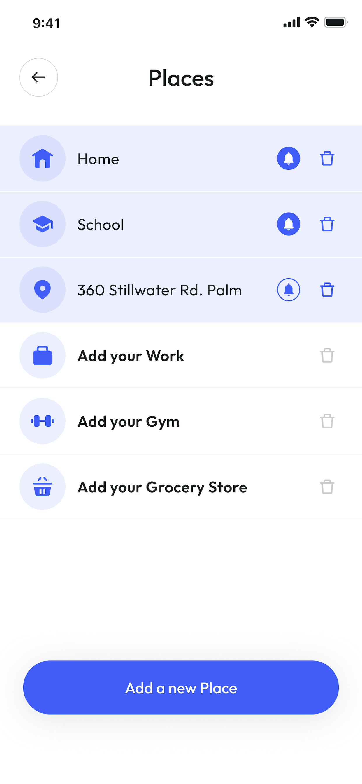 Places list with Home, School and custom locations
